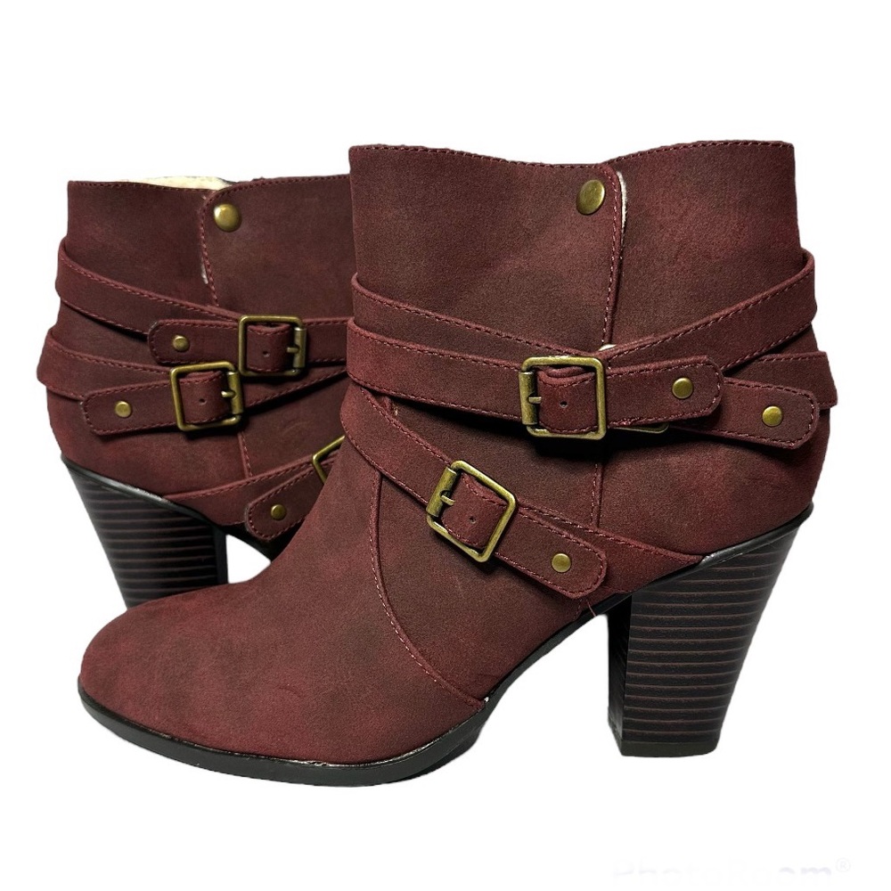 Just Fab Women Burgundy  Side Zip Heeled Triple Strap Yarah Ankle Boots - Picture 2 of 11